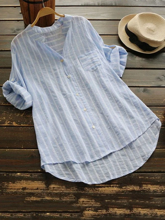 Striped Women's 3/4 Sleeve Button Down Linen Shirts
