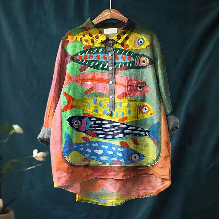 Canned Fish Oil Painting Art Print Casual Lapel Blouse
