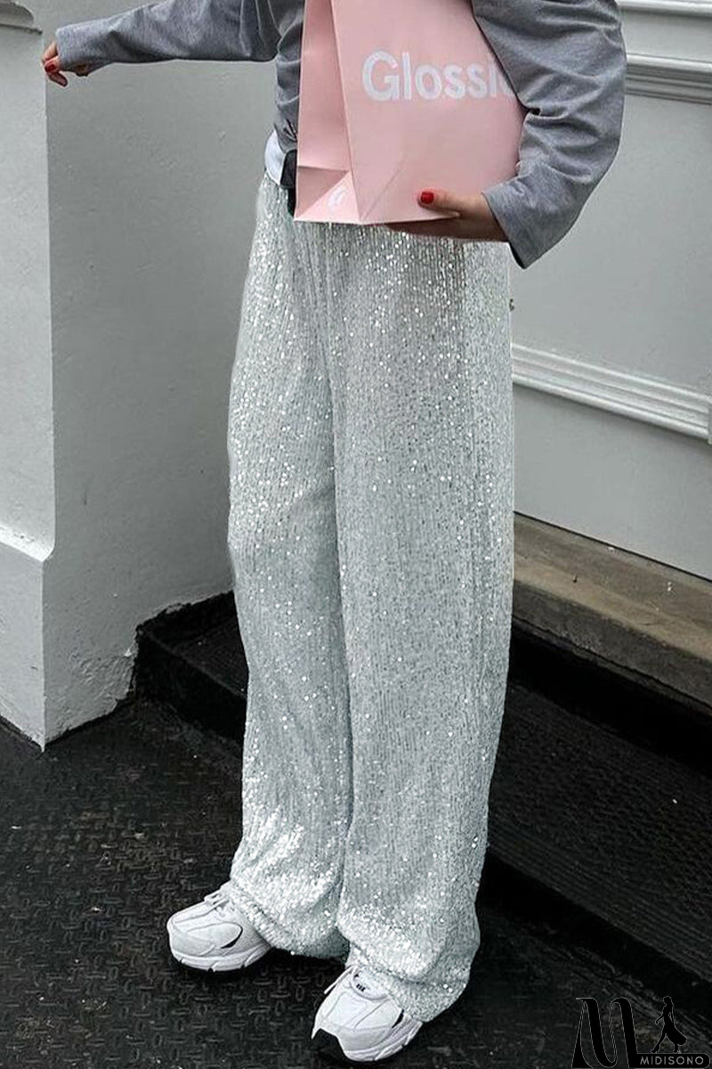 MidiSono - Casual British Style Solid Sequins Loose Low Waist Straight Solid Color Bottoms