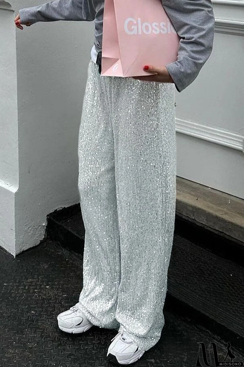 MidiSono - Casual British Style Solid Sequins Loose Low Waist Straight Solid Color Bottoms