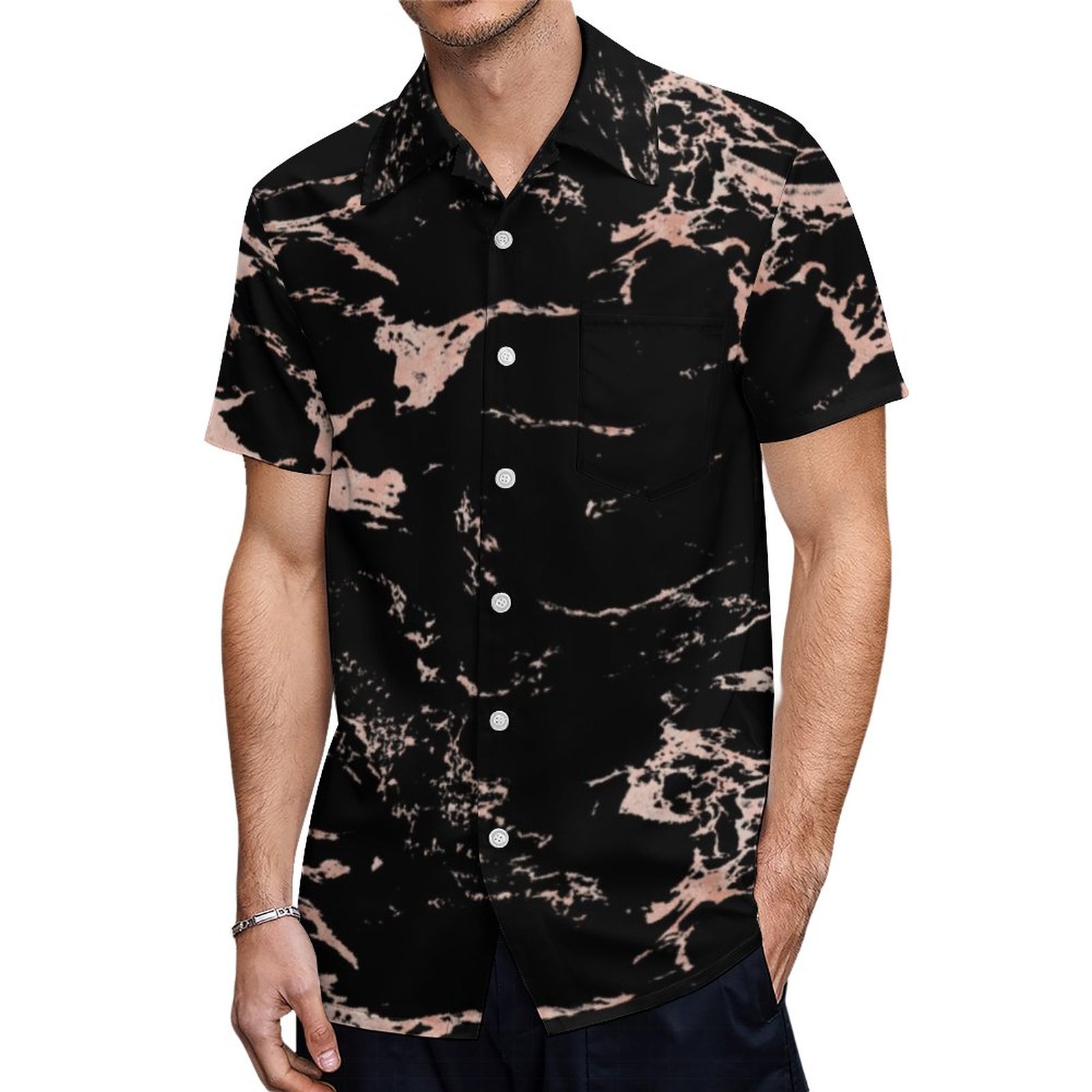 Girly Black Marble Rose Gold Foil Hawaiian Shirt Mens Button Down Plus Size Tropical Hawaii Beach Shirts