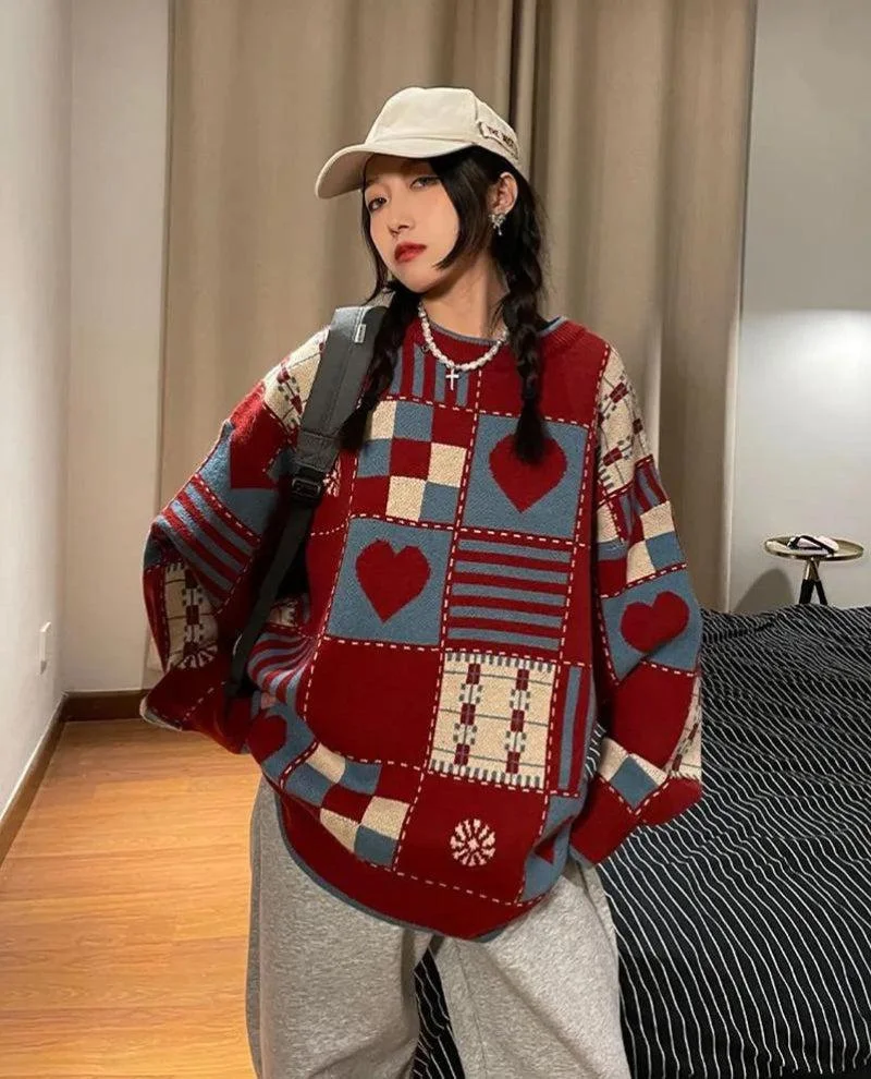 Brownm Heart Pattern Sweater