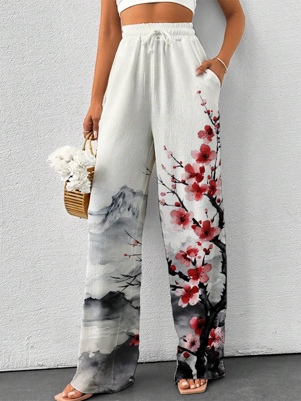Women's Retro Plants And Flowers Japanese Art Print Casual Pants