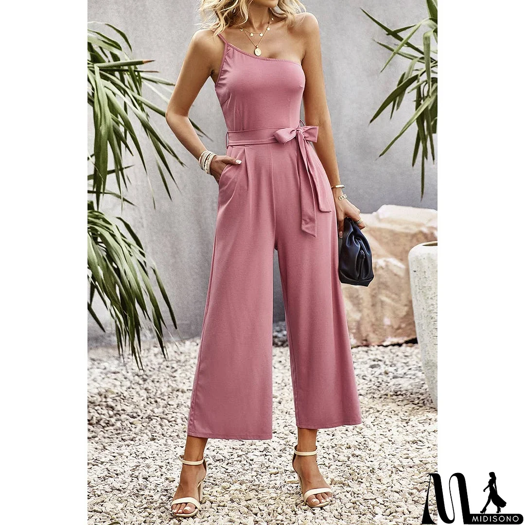MidiSono - One Shoulder Belt Knot High Waist Jumpsuit