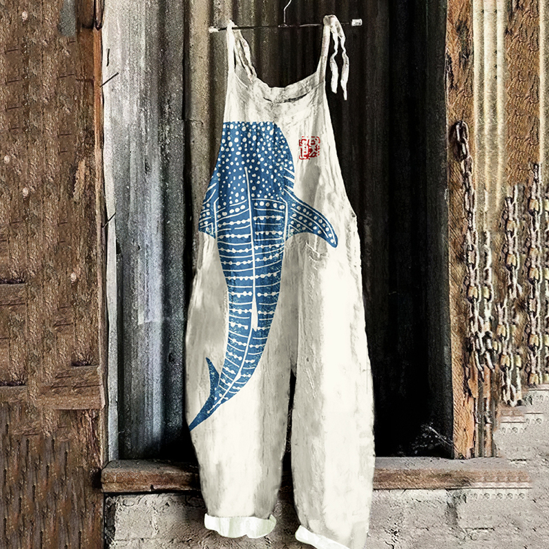 Vintage Whale Art Loose Casual Jumpsuit