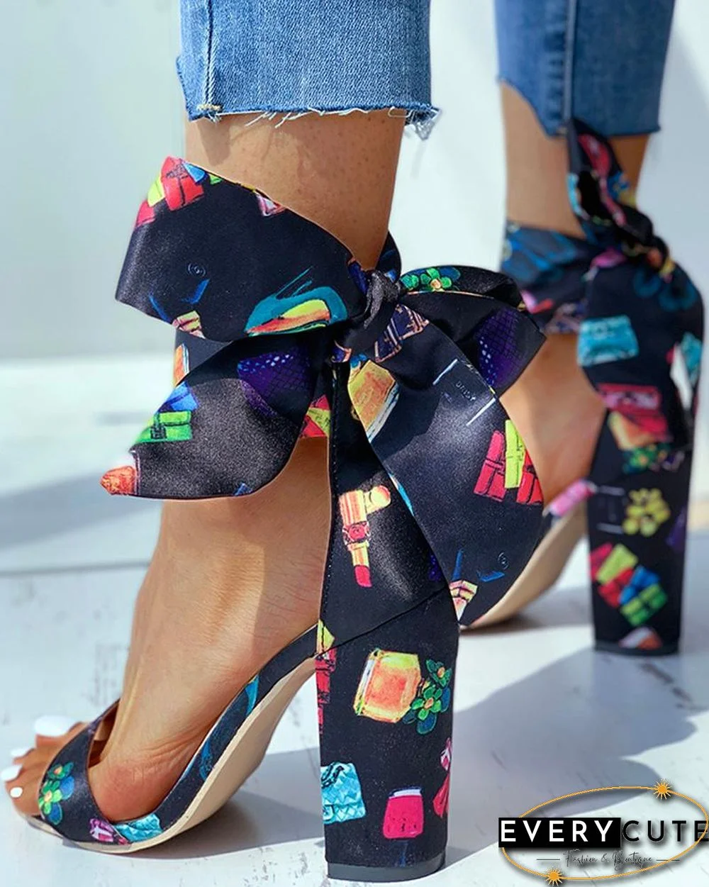 Open Toe Print Bowknot Block Heels