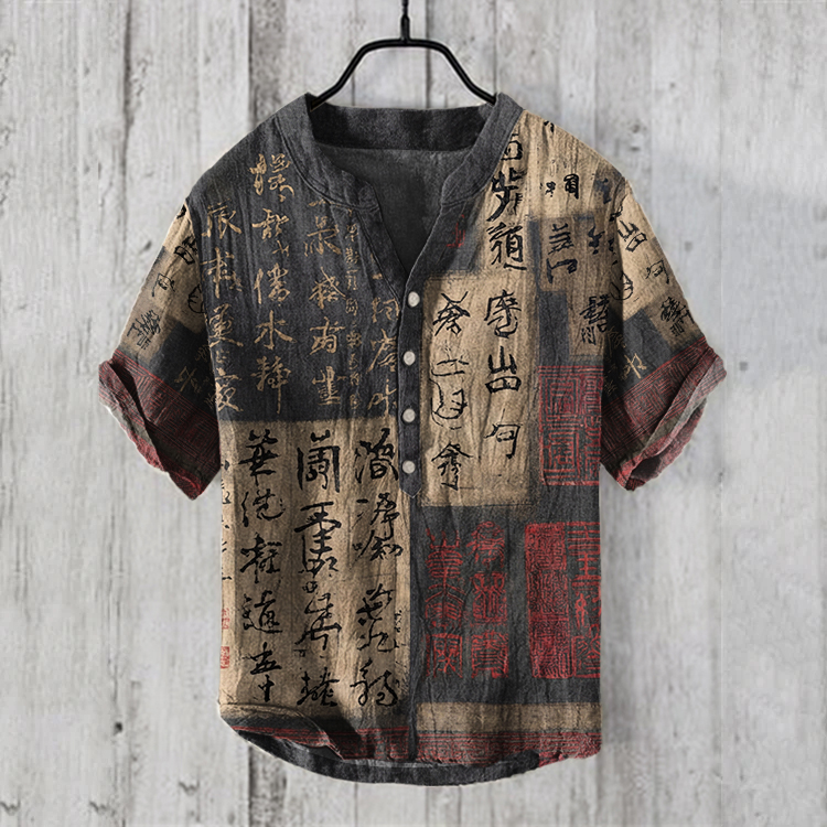 Men's Japanese Calligraphy Art Linen Blend Button Shirt  artssus