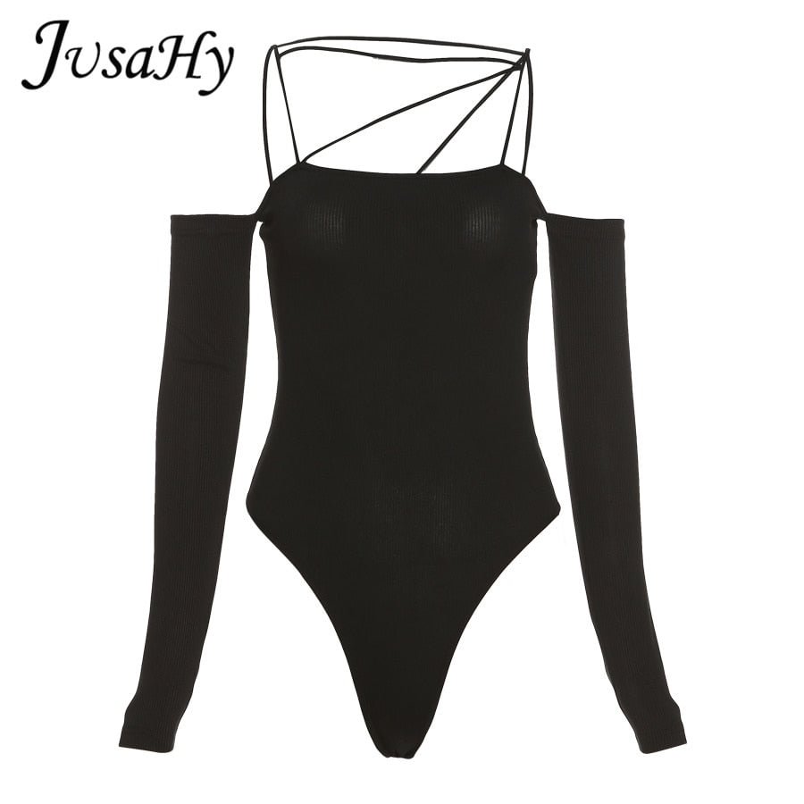 JuSaHy Knitted Solid Black Bodysuit for Women Fashion Elegant Long Sleeves Slash Neck Slim Stretchy Rompers Casual Streetwear