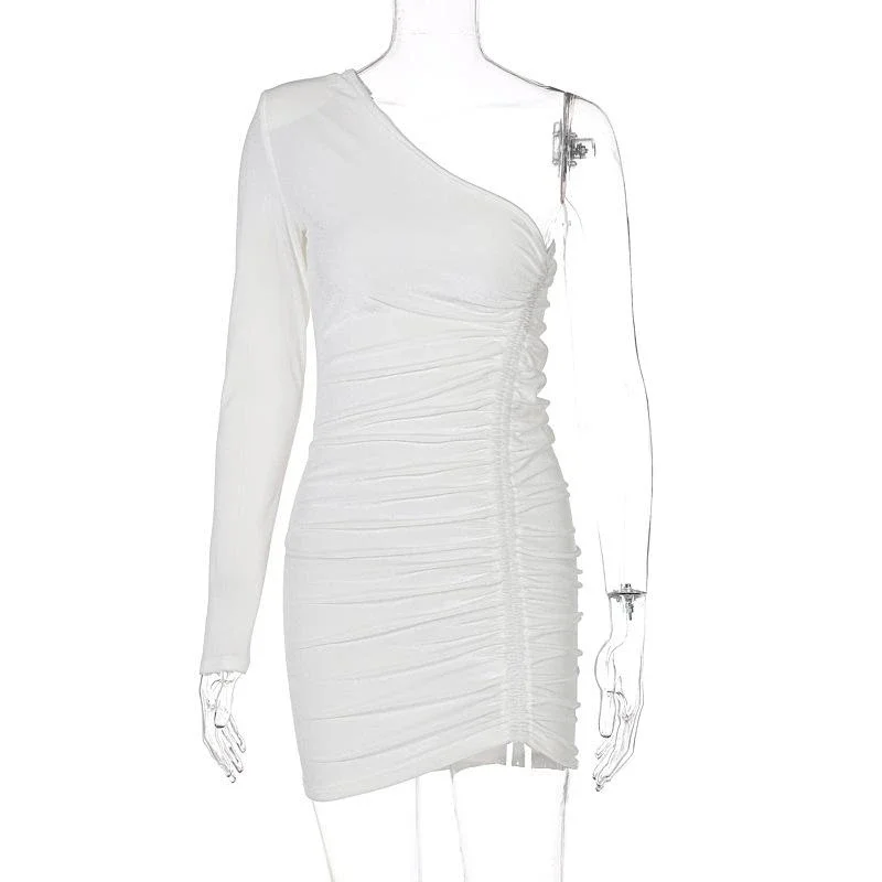 One-shoulder long-sleeved pleated slim evening dress-zachics