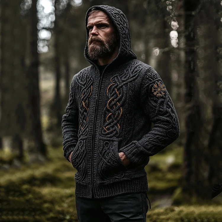 VChics Men's Vintage Viking Inspired Celtic Jacquard Hooded Sweater Cardigan