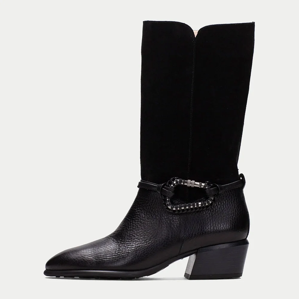 Closed Toe Block Heel Mid Calf Black Cowgirl Boots for Women