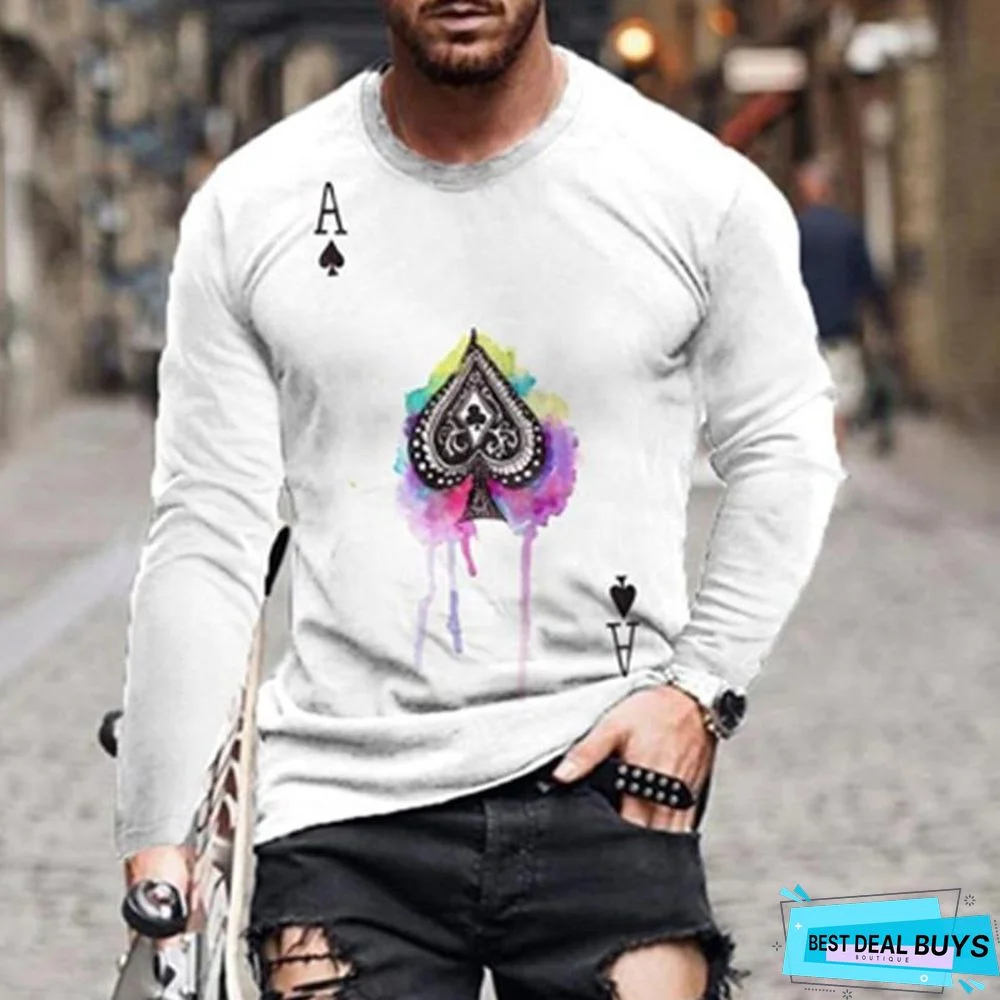 Men's Street Leisure Trend Poker Printed Flower Long Sleeve T-Shirt