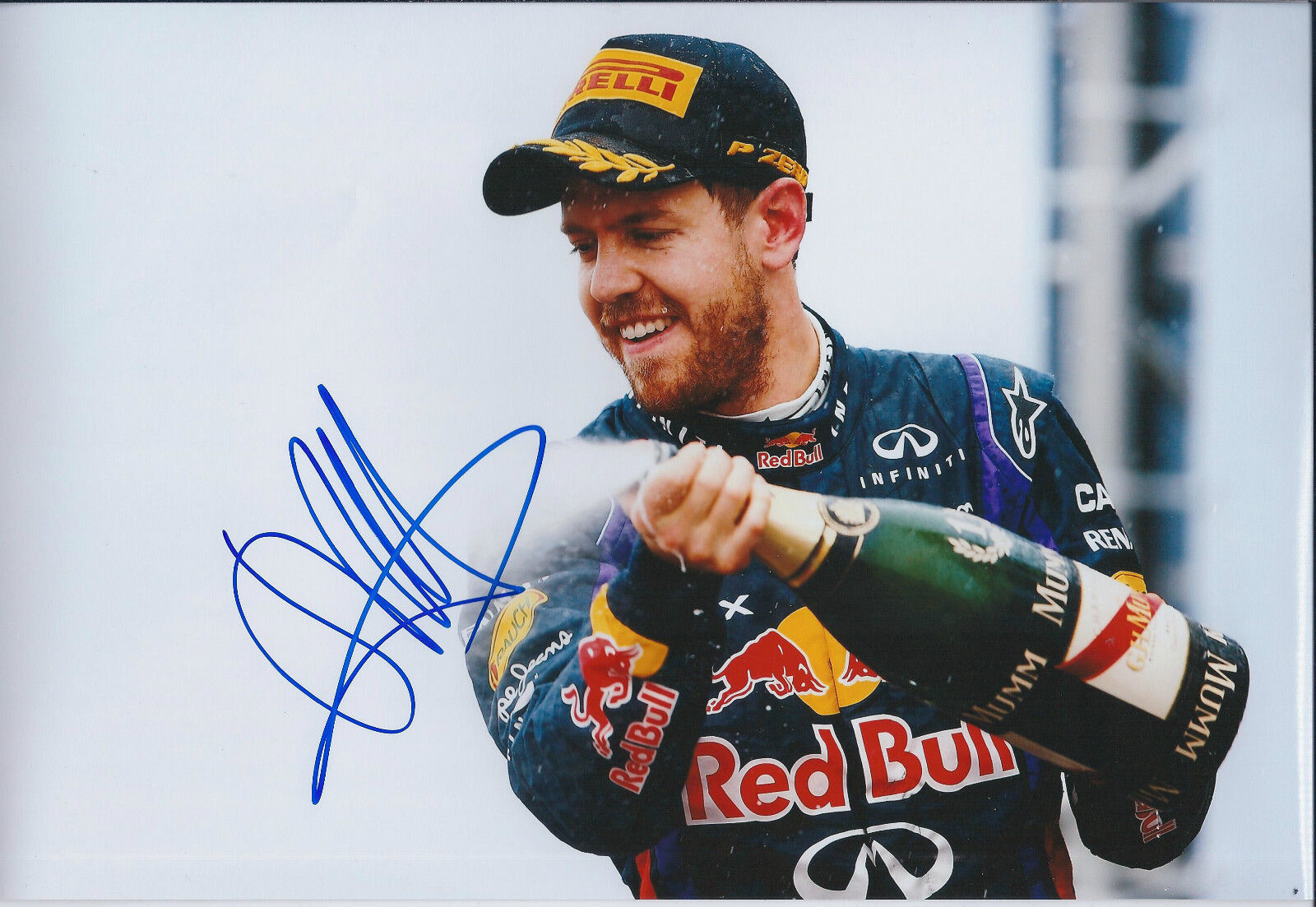 Sebastian VETTEL SIGNED Champagne Spray 12x8 Photo Poster painting Red Bull AFTAL Autograph COA