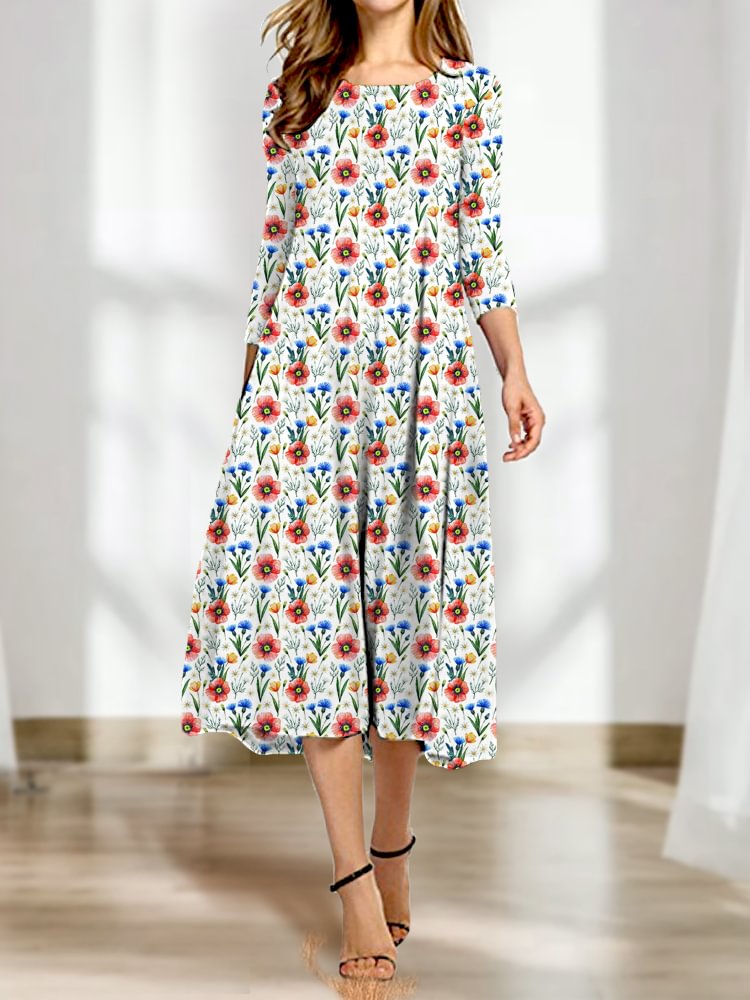 Women's Wild Cornflower Print Long Sleeve Midi Dress
