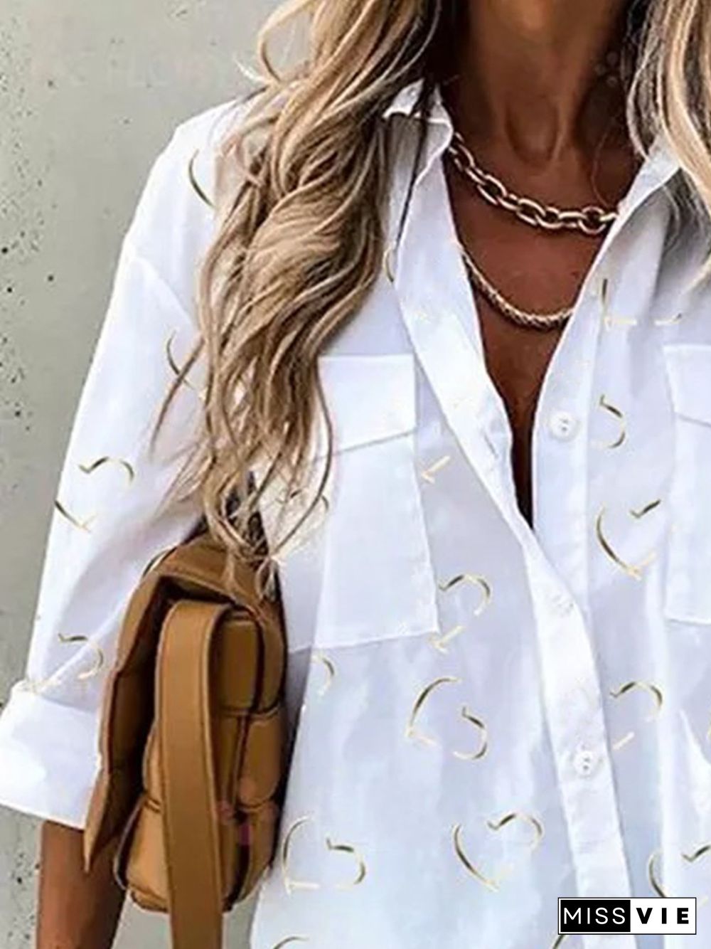 White Printed Casual Long Sleeve Shirt Collar Shift Blouse