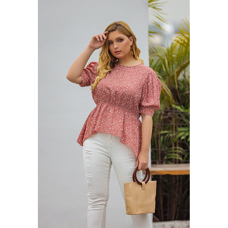 Plus Size Summer round Neck Printed Short Sleeve T-shirt Tight Waist Slim Looking  Women Wear Top