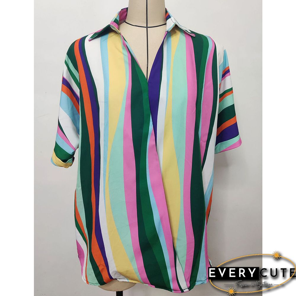 Green Striped Print Pullover Short Sleeve Shirt
