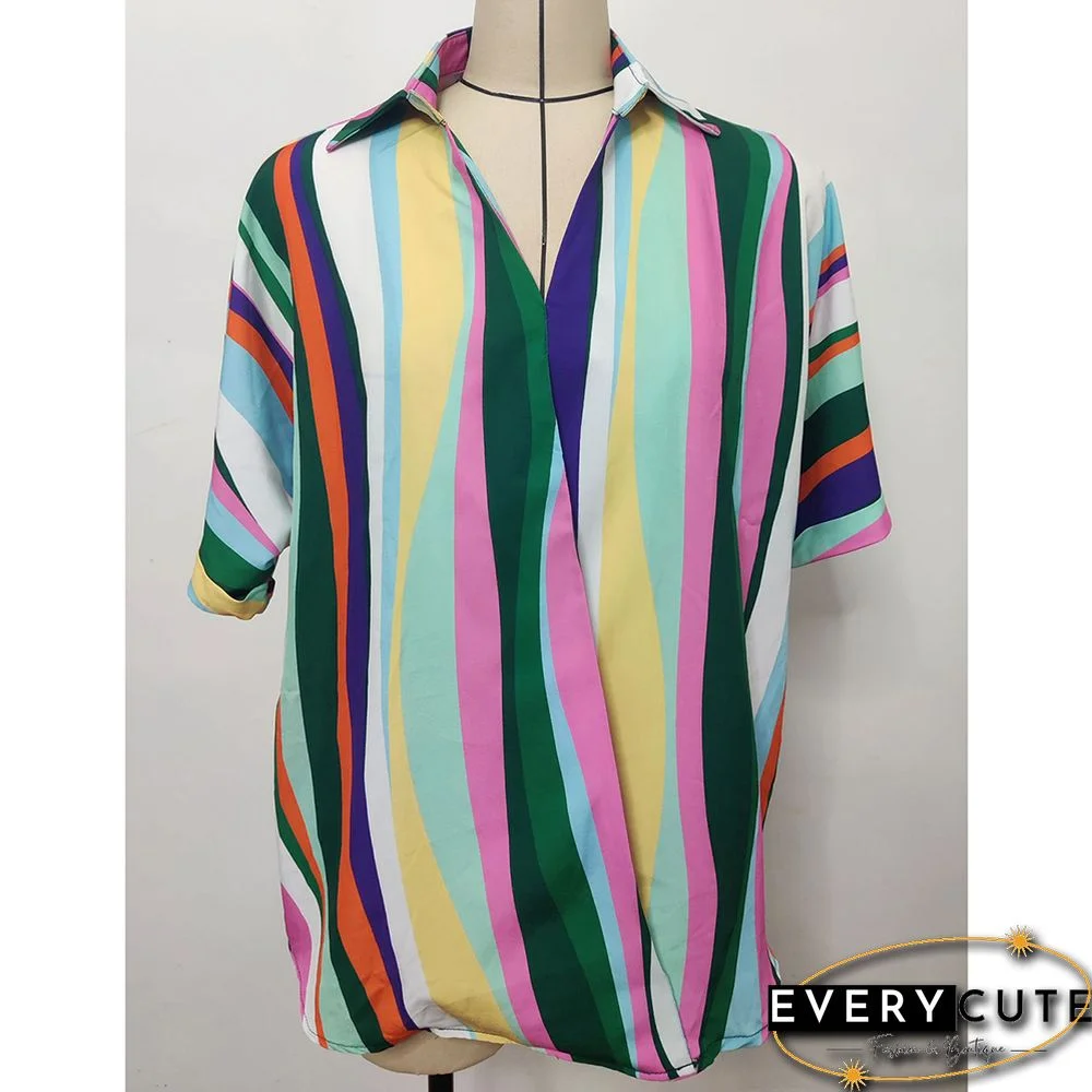 Green Striped Print Pullover Short Sleeve Shirt