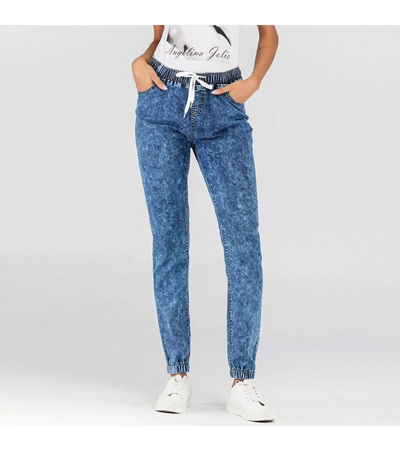 Women Elastic Waist Lace-up Harem Jeans S-5XL