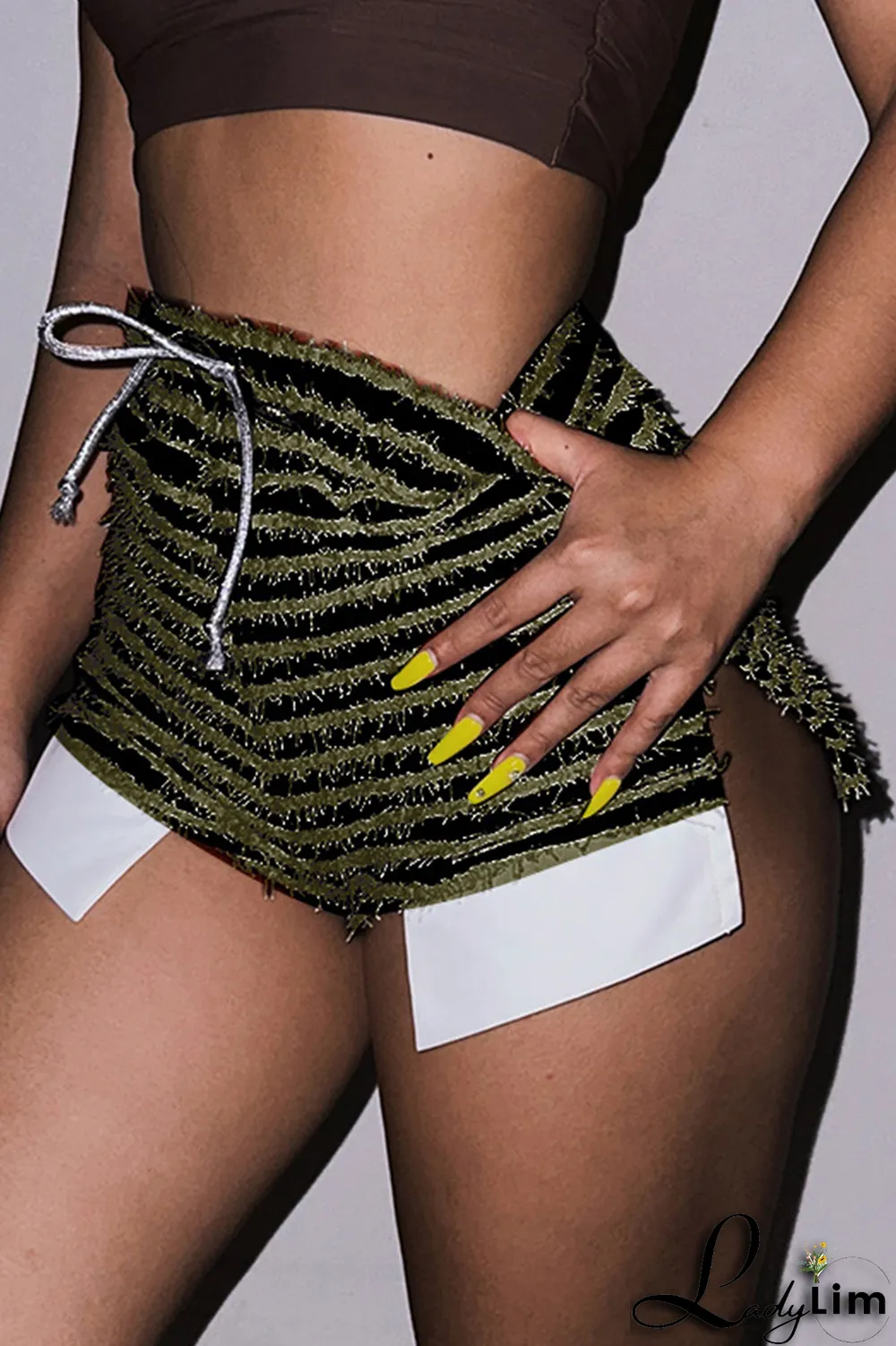 Yellow Sexy Striped Patchwork Draw String Skinny High Waist Pencil Full Print Bottoms