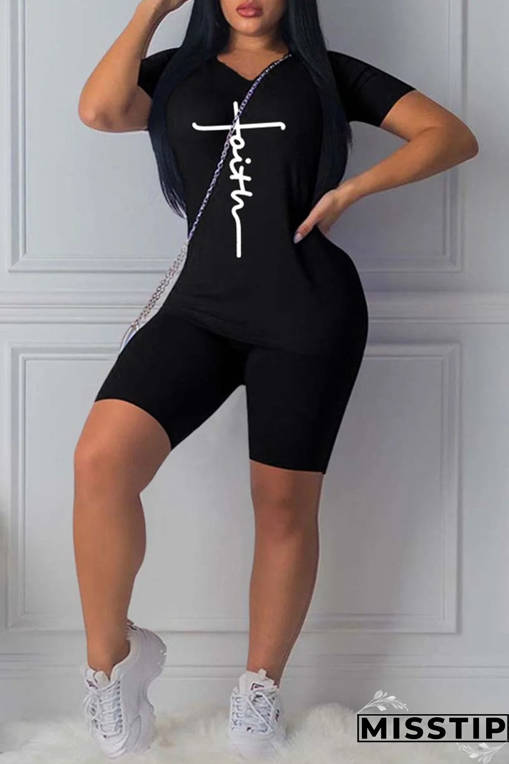 Black Casual Print Basic V Neck Short Sleeve Two Pieces