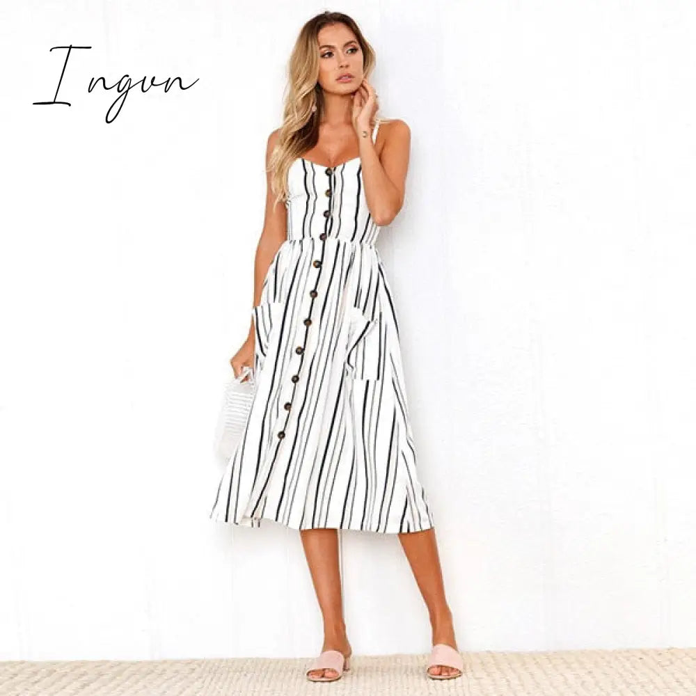 Ingvn - Boho Sexy Floral Dress Summer Vintage Casual Sundress Female Beach Midi Button Backless
