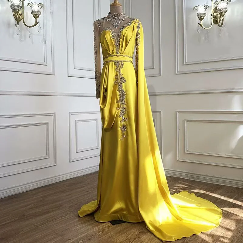 Miabel Shinning Yellow Bead Embroidery Mermaid Floor Length Prom Dress With Shawl