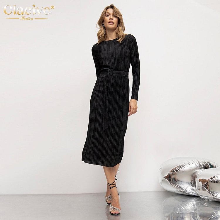 Clacive Fashion Pink Women's Dress Casual Loose Long Sleeve Office Midi Dresses Lady Black Belt Pleated Dress For New Year 2022
