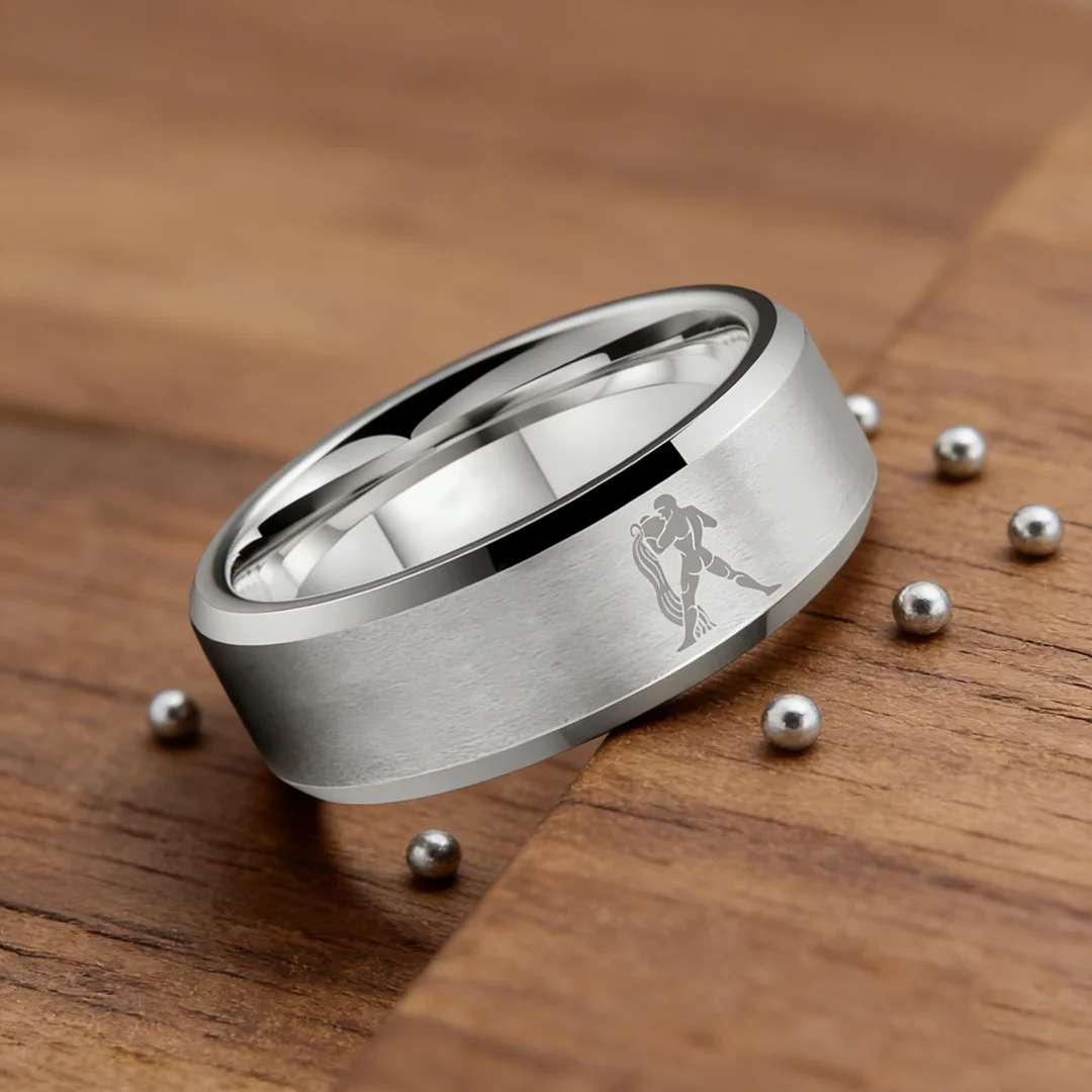 Sliver Aquarius Couple Wedding Band Beveled Edges Sliver Laser Etched Tungsten Carbide Rings 4MM 6MM 8MM Width