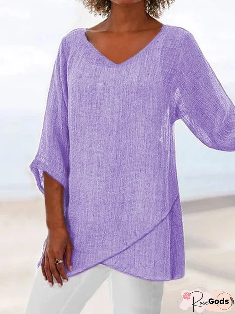 V Neck Linen Plain Casual Asymmetric 3/4 Sleeve Plain Top