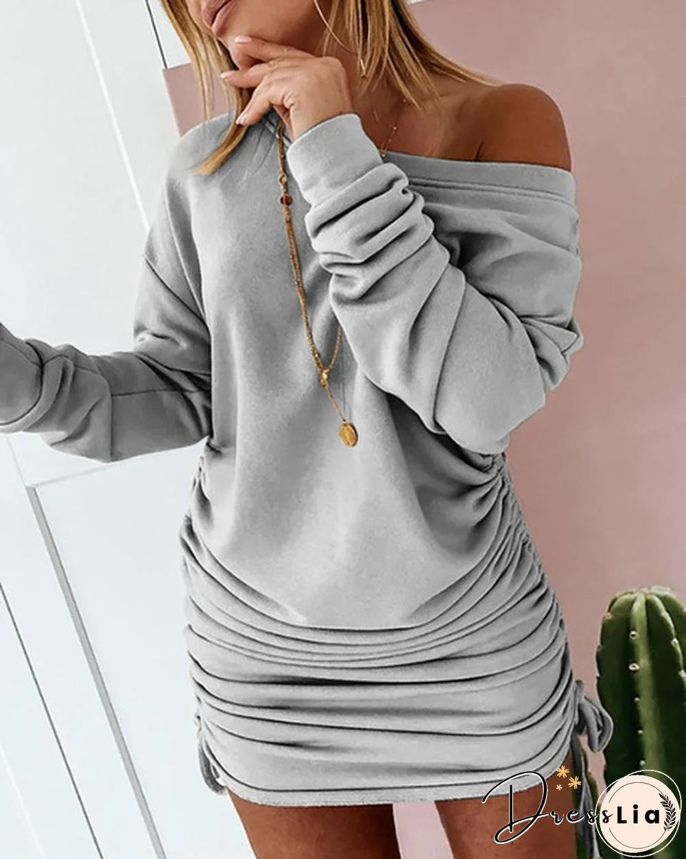 Women Fashion Sexy Off Shoulder Ruched Drawstring Bodycon Mini Dress Casual Solid Color Long Sleeve Pullover Sweatshirt Autumn Winter Ladies Cotton Long Tops Blouses Plus Size S-5XL