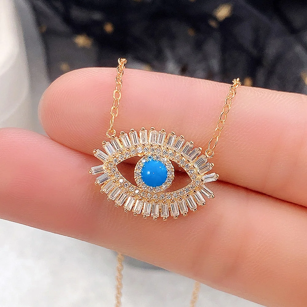 Huitan Gold Color Evil Eyes Necklace for Women Luxury Crystal Cubic Zircon Blue Eye Pendant Fashion Girls Neck Jewelry Drop Ship