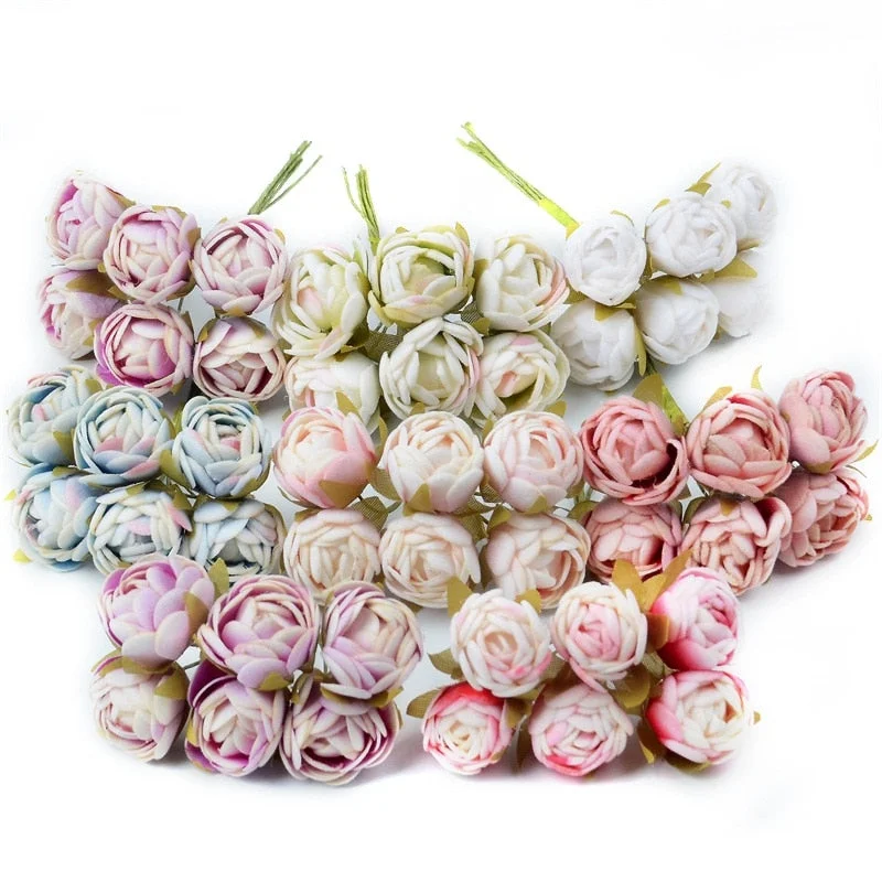 60pcs Mini Silk Tea Rose Bud Artificial Rose Flower Bouquet Scrapbooking Wedding Party Decoration DIY Handmade Fake Flower Craft