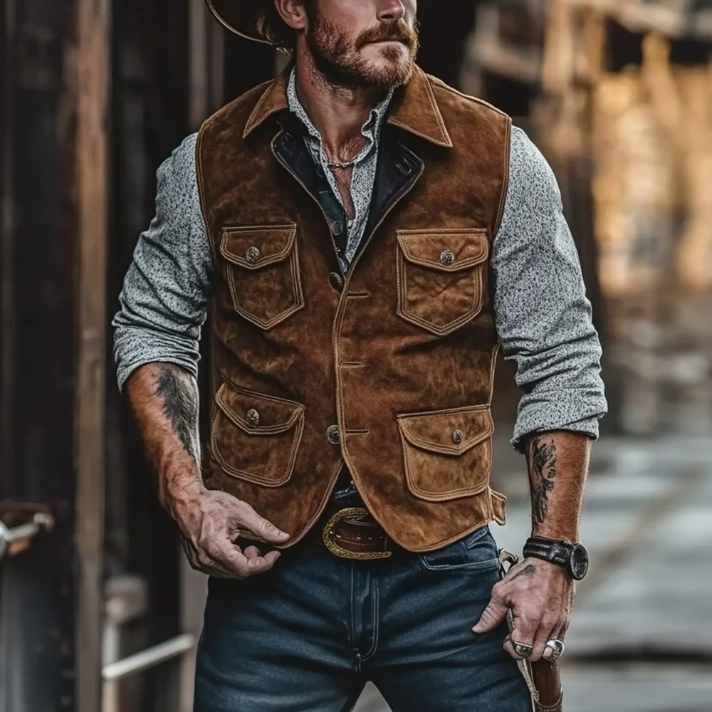 Vintage Suede Multi-Pocket Outdoor Motorcycle Lapel Vest Jacket