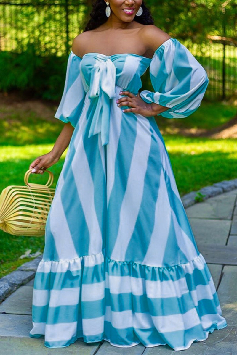 Blue White Fashion Casual Off The Shoulder Strapless Strapless Dress Floor Length Striped Dresses