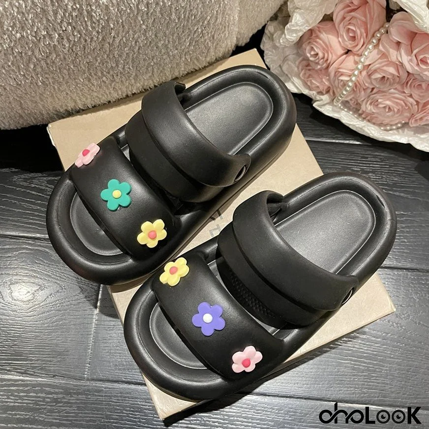 Two Strap Colorful Flower Decor Sandals