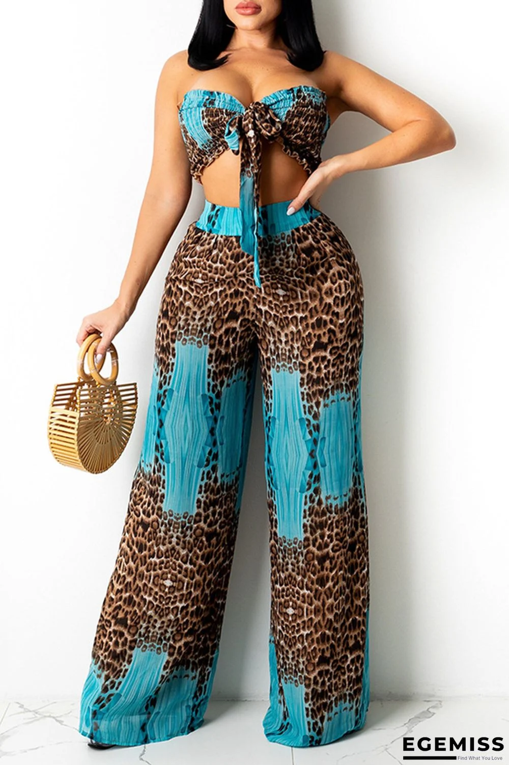 Blue Fashion Sexy Print Bandage Backless Strapless Sleeveless Two Pieces | EGEMISS