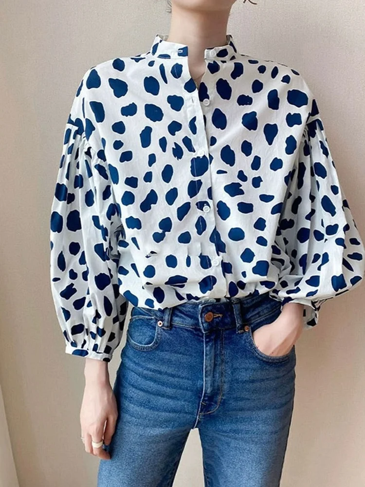 Blue Lrregular Milk Block Print Shirt
