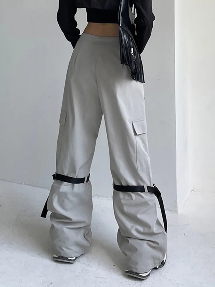 Brownm Fashion New Cargo Pants With Buckle Chic High Waist Light Grey Loose Sweatpants Harajuku Korean Joggers Techwear 2022