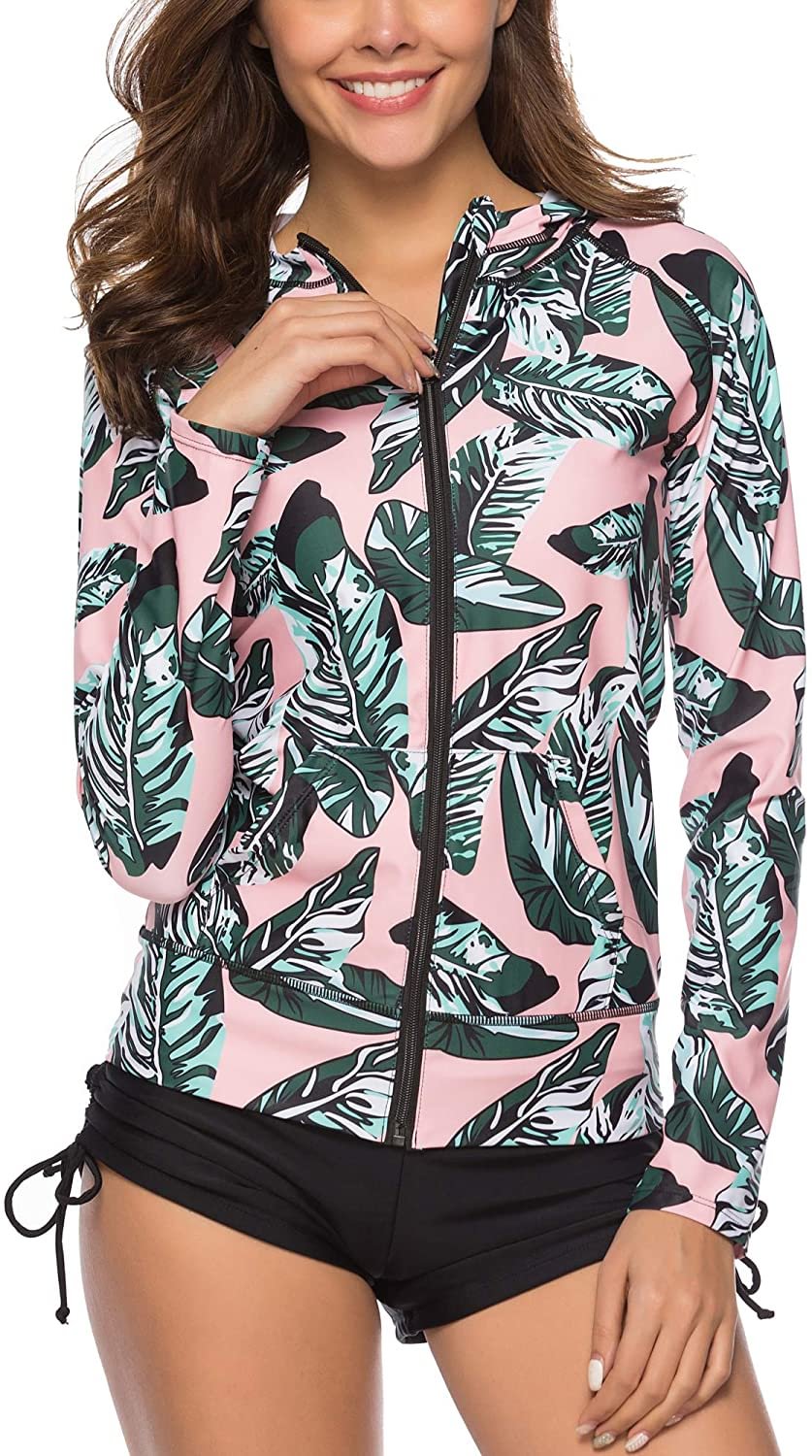 Women's UPF 50+ Full Zip Front Long Sleeve Top Rashguard Hoodie Swimsuit