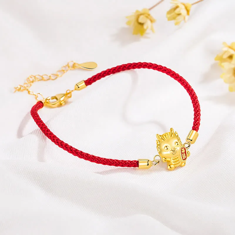 925 Sterling Silver Year Of The Dragon Lucky Golden Dragon Strength Red Rope Chain Bracelet