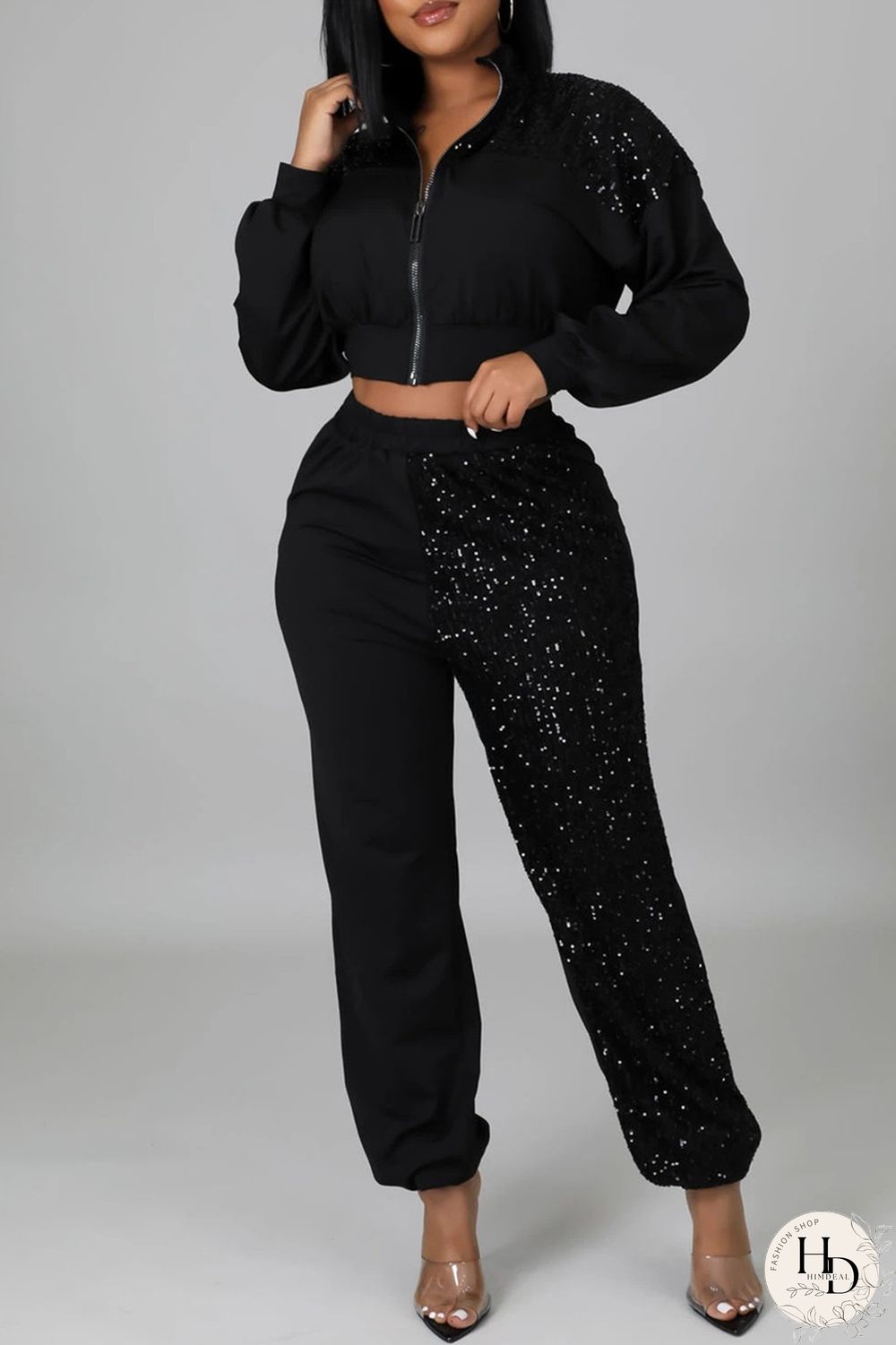 Black Fashion Casual Patchwork Sequins Zipper Collar Long Sleeve Two Pieces