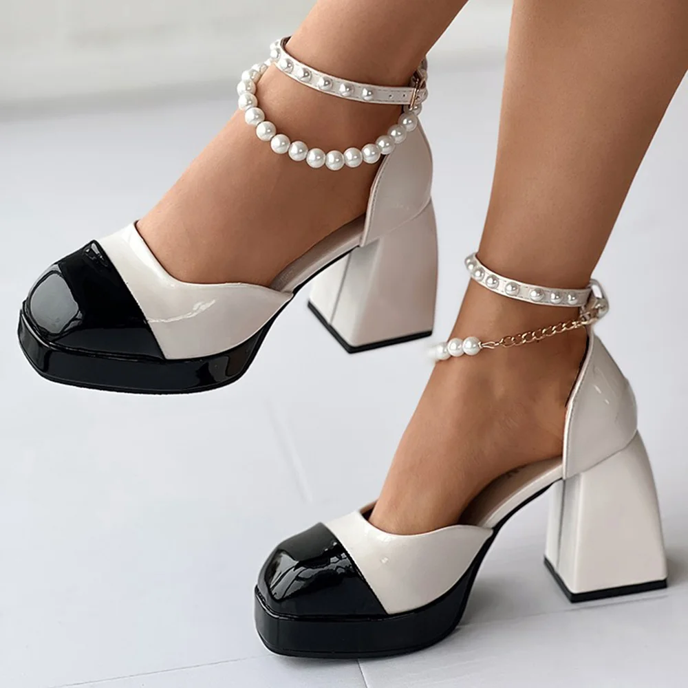 White and Black Two-Tone Plaform Mary Janes Pearl ankle Strap Chunky Pumps Nicepairs