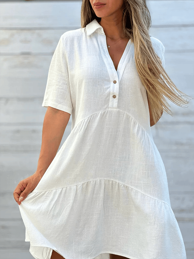 Women's Loose Solid Color Lapel Casual Short-Sleeved Cotton And Linen Dress