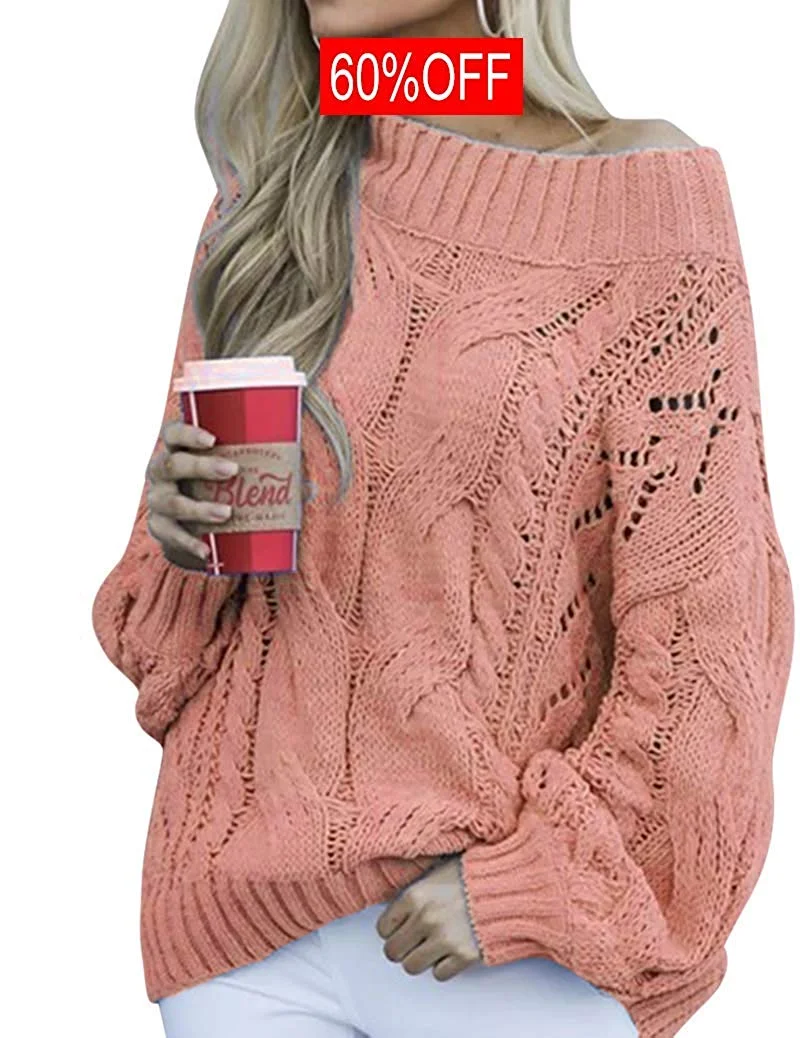 Women's Off The Shoulder Sweater Chunky Cable Knit Oversized Slouchy Pullover Tops
