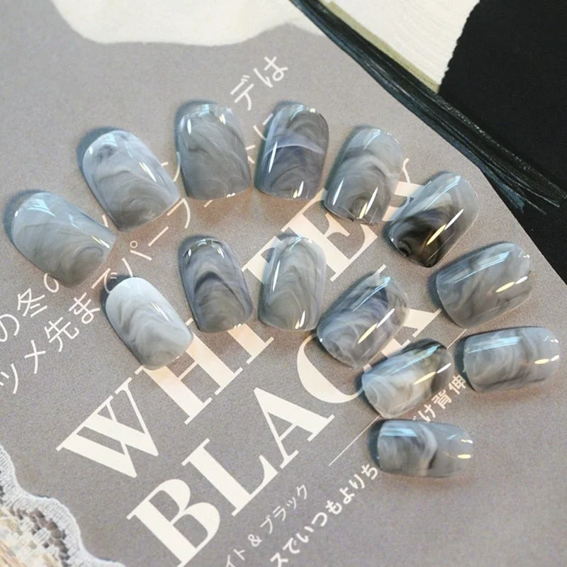 24Pcs/Set Grey Marble Design Lady Nails Acrylic Full False Nail Tips Nail Art Fake Nails Tools + Duo Side Sticker Z141