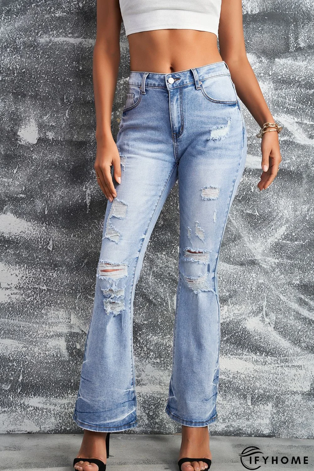 Sky Blue Distressed Mid Waist Ripped Flare Jeans | IFYHOME