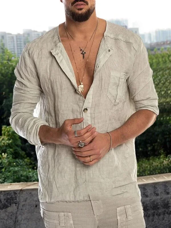 Men's solid color cotton and linen casual top