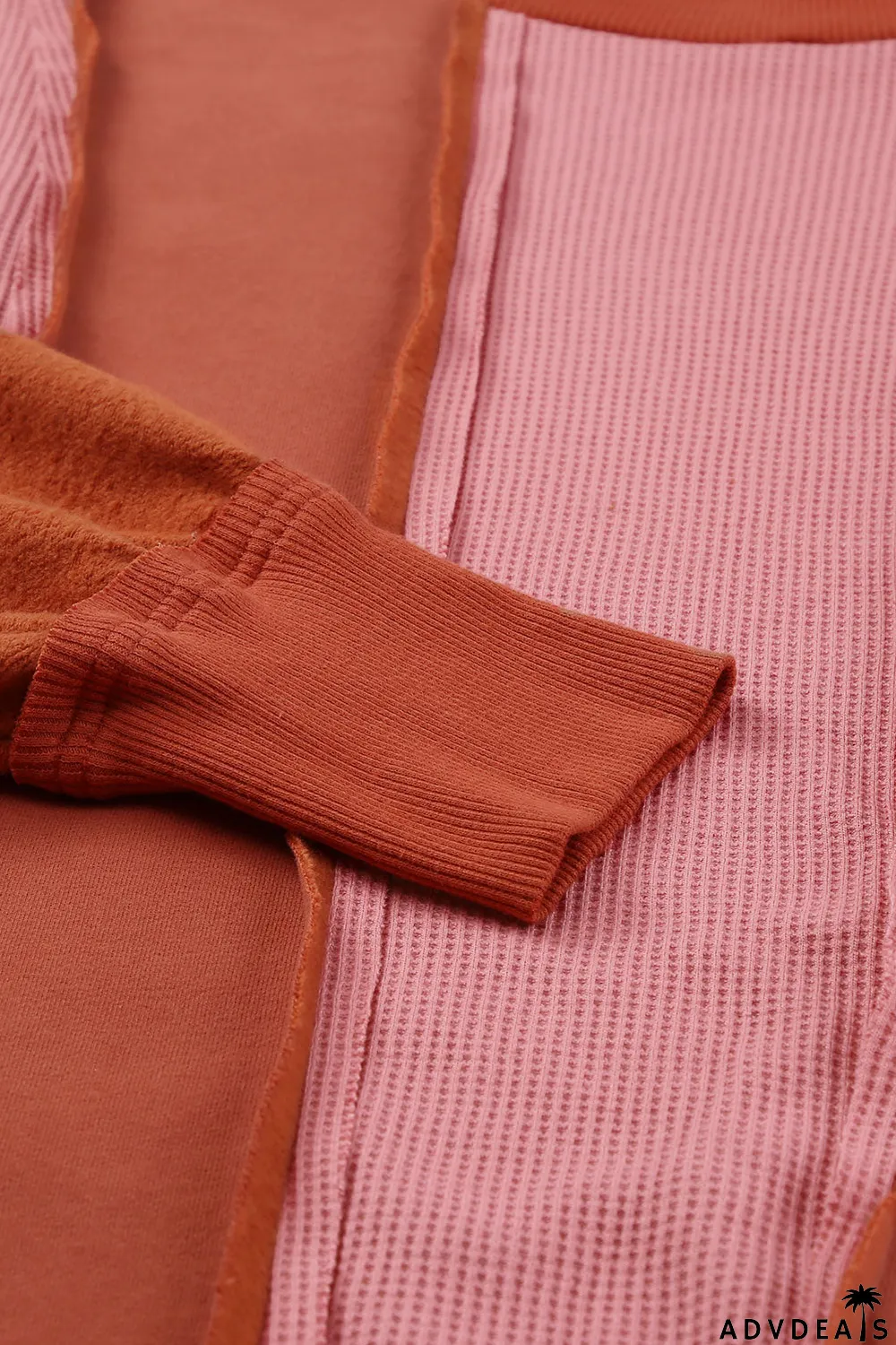 Red Waffle Knit Ripped Exposed Seam Patchwork Top with Thumbhole