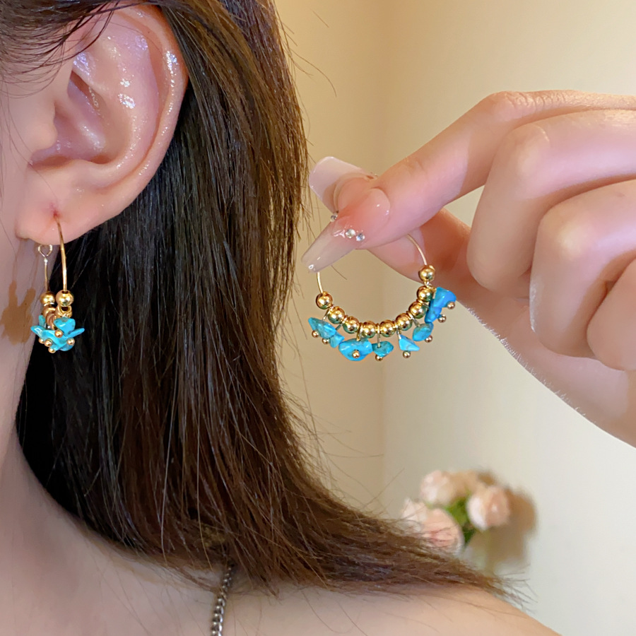 Stainless steel irregular stone beaded earrings ethnic style retro niche earrings light luxury high-end earrings